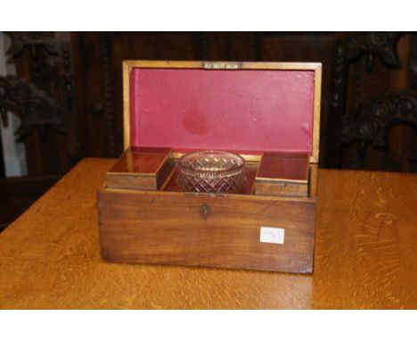 George III mahogany tea caddy with original cut glass mixing bowl and compartments, 16cm high, 30cm wide