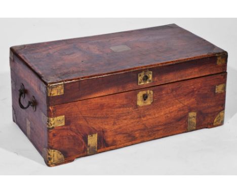 19th Century hardwood campaign box with brass binding, locks and ring handles, 26cm high, 62cm wide