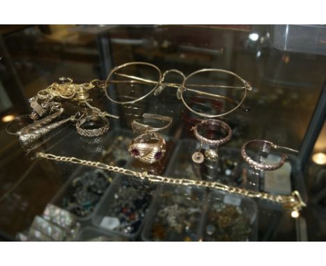 Collection of miscellaneous 9ct gold and other items including a snake ring, chains, spectacles, earrings etc