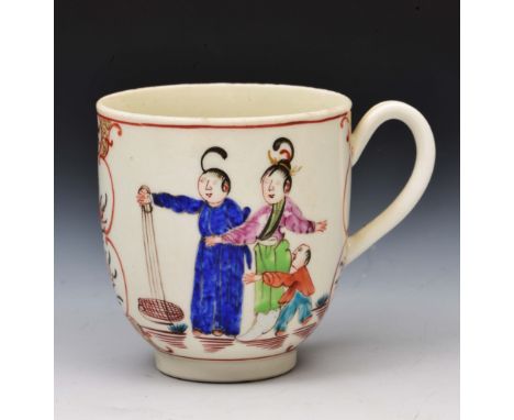 Worcester coffee cup circa 1765-1770, decorated in polychrome enamels showing Oriental figural scenes, possibly painted by Ja