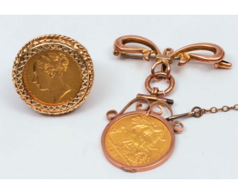 Two mounted half sovereigns one as a pendant, one in a ring, both mounted in 9ct gold