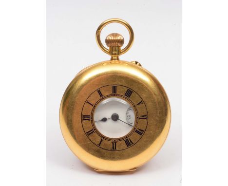 18ct gold Half Hunter pocket watch with enamel dial and top wind mechanism