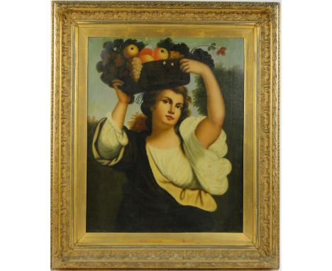 19th century oil on canvas, portrait of a girl with a basket of fruit, unsigned, 25" x 20", framed.