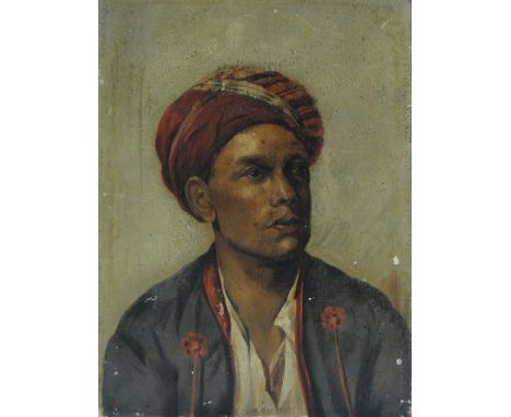 19th century oil on canvas, portrait of an Indian man wearing a turban, unsigned, 8" x 6", unframed.