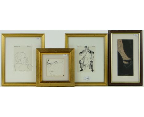 Arnold Daghani (1909-1985),
4 ink/pastel drawings including portrait of a cellist and a self portrait, framed, (4).