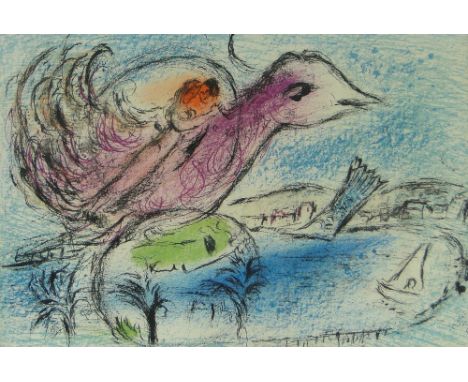 Marc Chagall,
colour lithograph, surrealist study, unsigned, 14.5" x 21.5", framed.