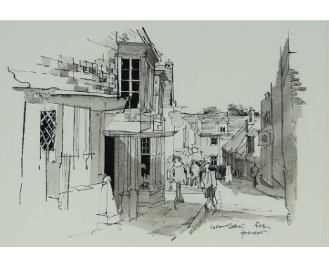 John Holdcroft,
pen, ink and wash, Lion Street, Rye, signed, 10" x 14", framed.