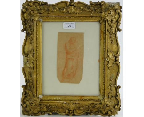 Old Master sanguine chalk drawing on paper, draped classical figure, unsigned, 6.5" x 3.25", framed.