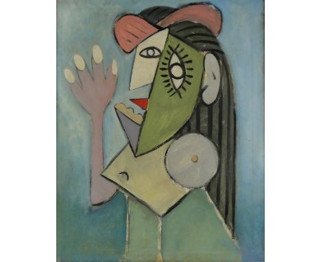 Oil on canvas, cubist style portrait of a woman, unsigned, modern, 30" x 24", framed.