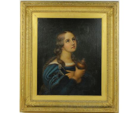 19th century oil on canvas, Classical portrait of a young woman holding an urn, unsigned, 24" x 20", framed.