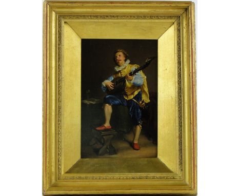 19th century oil on board, genre portrait of a Minstrel, unsigned, 6.5" x 4", framed.