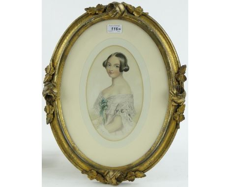 Follower of Alfred Chalon,
19th century watercolour, portrait of a girl, inscribed verso " W H Jones 1851," 9.5" x 6", carved