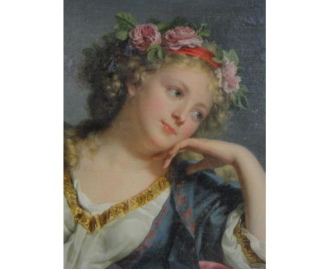 Circle of Marie-Genevieve Bouliard (French, 1772-1819),
oil on canvas, Classical portrait of a young woman with roses in her 