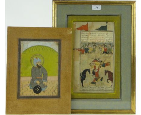2 Antique Mogul paintings on paper, battle scene with text inscriptions and text verso, 12" x 7" and portrait of a soldier, 9
