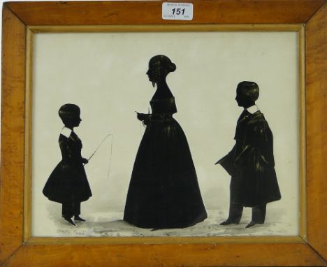 19th century painted silhouette, portrait of three children, unsigned, 10.5" x 13", framed.