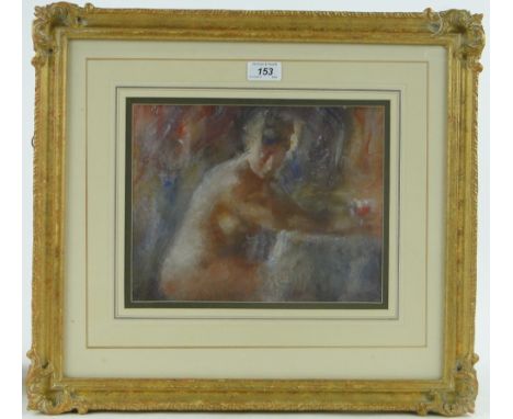 Frank Haseler,
watercolour, female nude, exhibition label verso, 9" x 11", framed.