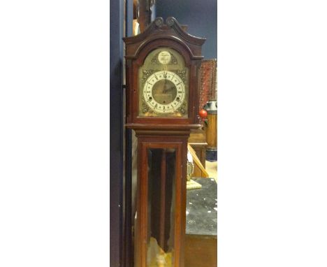 MAHOGANY CASED GRANDMOTHER CLOCK OF GEORGE III DESIGNwith arched brass and silverised dial, glazed trunk door below, on brack