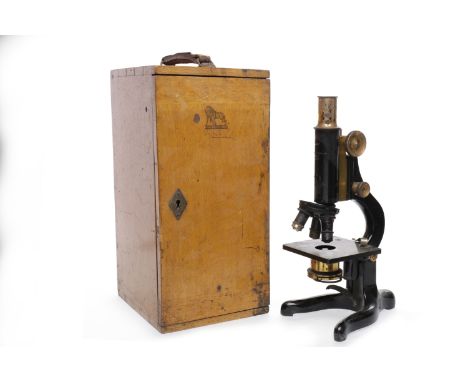 VINTAGE KIMA BRASS AND BLACK LACQUERED MICROSCOPEnumbered 51027, the body marked 'W. Watson & Son Ltd., London, 58697, 32cm h