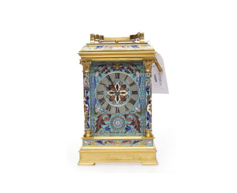 19TH CENTURY FRENCH BRASS AND CHAMPLEVE ENAMEL CARRIAGE CLOCKthe two train movement stamped for maker E Maurice & Co, strikin