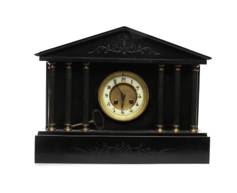 LATE VICTORIAN FRENCH BLACK SLATE MANTEL CLOCKthe movement by H. P. & Co. Paris, of architectural form, with classical column