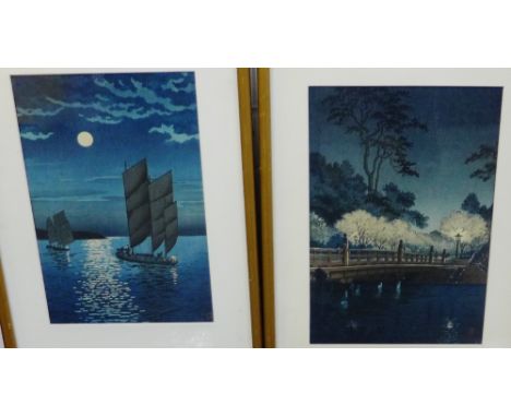 Tsuchiya Koitsu  'Benkel Bridge' together with  'Moonlit Seascape' Coloured Japanese woodblock prints, red seal marks,  in gl