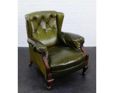 A green leather button back armchair on stained wood cabriole supports, 90 x 86cm 