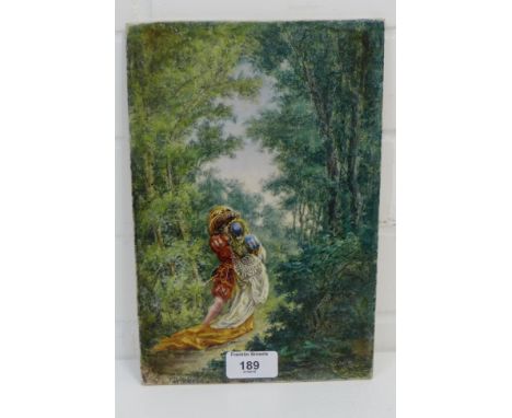 A painted rectangular tile depicting figures in a woodland scene, 18 x 26cm