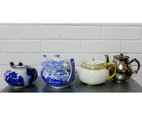 A group of four teapots to include a Copeland Spode blue and white Italian patterned teapot etc., (4)