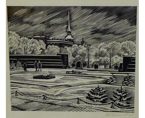 Russian School 'Leningrad' circa 1970,  Woodblock print, signed in pencil, in a glazed frame, 30 x 31cm 