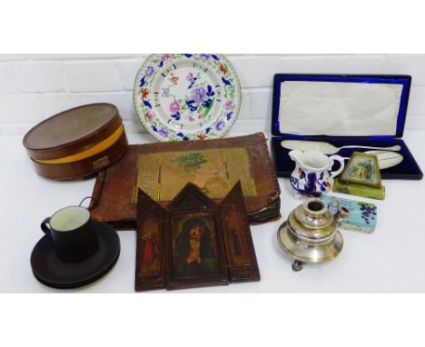 A carton of miscellaneous bric-a-brac and other items to include an icon, a photograph album, cups, saucers, plates etc., (a 
