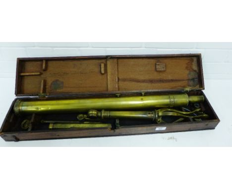 A brass telescope with a tripod stand and fitted box, telescope length 75cm