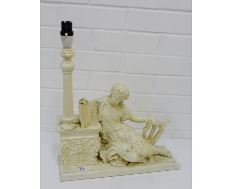 A white painted cast metal figural table lamp of a classical maiden , 40cm high