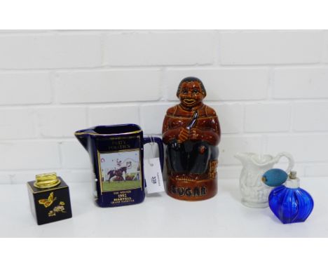 A mixed lot to include a Carlton ware 'Butterfly' pattern cigarette lighter, blue glass scent bottle, Portmeirion Parian ware