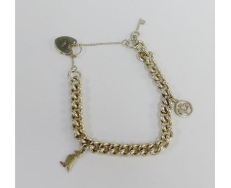 A silver charm bracket with padlock clasp and three charms