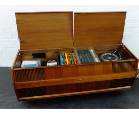 An HMV teak cased stereo cabinet with Garrard turntable, 62 x 144cm