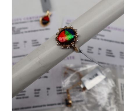 Gemporia - A 9ct ammolite and white zircon ring, set with oval cut ammolite to a 9ct gold setting and shank, size N to O, tog