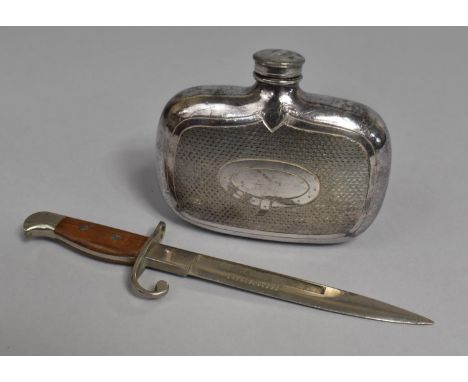 A Silver Plated Hip Flask and a Novelty Letter Opener in the Form of a Bayonet, 17cms Long 