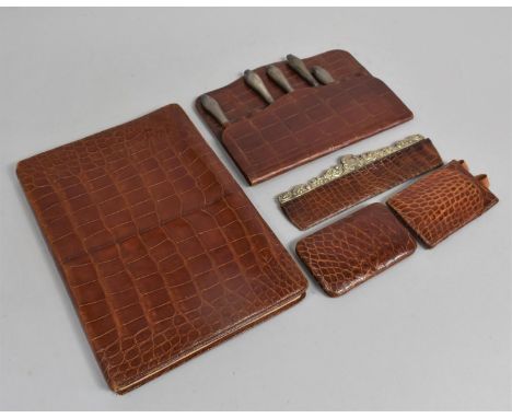 A Collection of Vintage Crocodile Skin Items to include Blotter Book with Pen, Needle Case and Pin Holder, Manicure Set, Comb