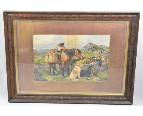 A large Textured Sporting Lithograph Depicting Ghillie with Dogs, Game and Pony, 57x38cms 