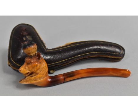 A Vintage Cased Meerschaum Novelty Pipe/Cheroot Holder, The Bowl Carved As a Dog's Head, Amber Mouthpiece, Case AF 