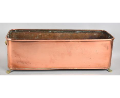 A Copper Rectangular Planting Trough with Brass Claw Feet, 44cms Wide by 16cms Deep and 15cms High 