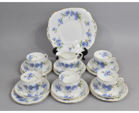 An Adderley Pattern Blue Flower Pattern Tea Set to comprise Five Cups, Milk Jug, Six Saucers, Side Plates and a Cake Plate 