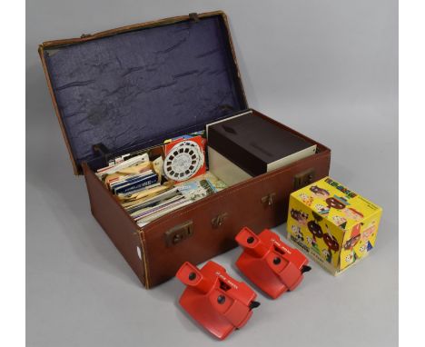 A Vintage Leather Case Containing Various Vintage Viewmaster Three Dimensional Viewers, Slides Etc 