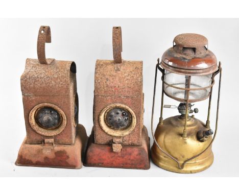 Two Vintage Metal Road Lamps and a Hurricane Lamp 