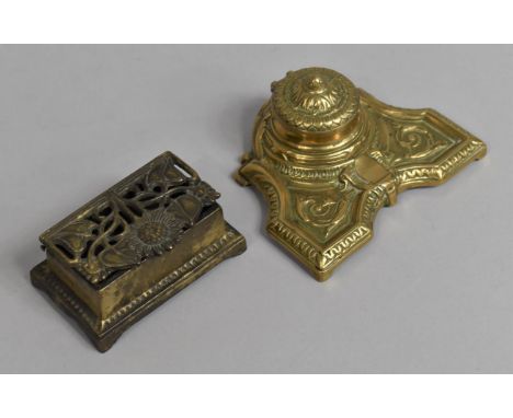 A Reproduction Brass French Style Desk Top Inkwell and a Two Division Stamp Box with Pierced Hinged Lid 