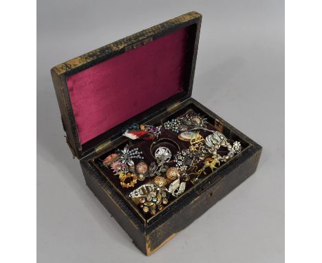 A Vintage Jewellery Box (Conditon Issuse) Containing Costume Jewellery to Comprise Mainly Brooches etc to Include Silver Bask