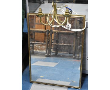 A Brass Framed Rectangular Wall Mirror with Two Branch Light Fitting, 43cms by 69cms 