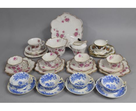 A Collection of Part Tea Sets to comprise Blue and White Mythical Dragon Cups and Saucers, Edwardian Pink Flower and Gilt Tri