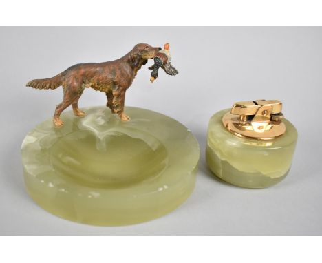 A Circular Onyx Ashtray with Cold Painted Spelter Setter with Mallard together with a Ronson Cigarette Lighter (We are unable