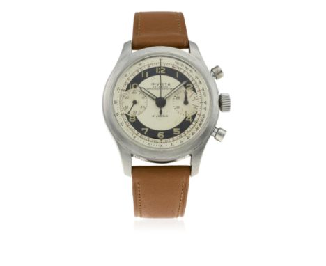 A GENTLEMAN'S STAINLESS STEEL INVICTA CHRONOGRAPH WRIST WATCH CIRCA 1950
D: Two tone dial with luminous Arabic numerals &amp;
